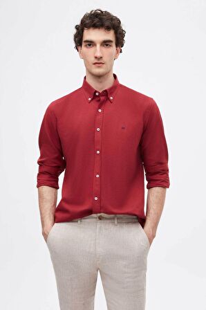 Ds Damat Slim Fit Bordo Oxford Düğmeli Yaka Kolay Ütülenebilir Nakış Detaylı Pamuklu Gömlek 4HC02ORT03265 4HC02ORT03265