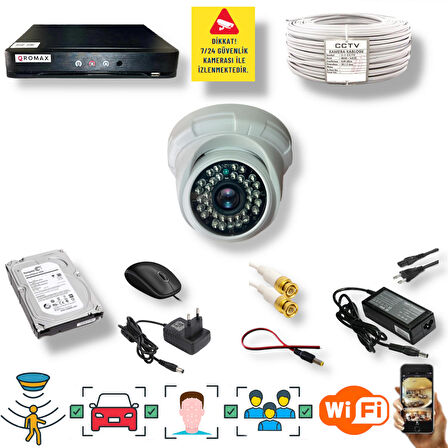 1 Kameralı Set - Araç İnsan Yüz Hareket Algılayan Gece Görüşlü 36 IR Led 5MP Sony Lensli 1080P Dome Güvenlik Kamerası Seti D136b-1