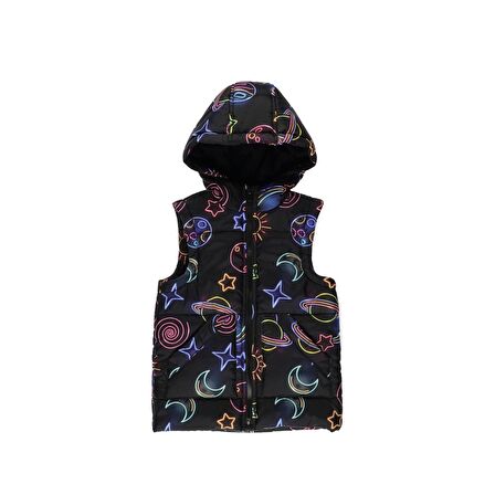 Panço Kız Çocuk Galaxy Baskılı Micro Yelek Siyah