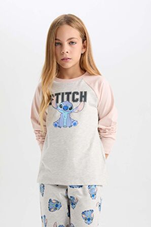 DeFacto Kız Çocuk Pijama Takımı Disney Lilo & Stitch Bisiklet Yaka Üst Uzun Alt D3747A824AUGR379