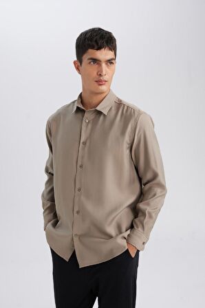 DeFacto Relax Fit Polo Yaka Twill Modal Karışımlı Basic Düz Uzun Kollu Gömlek D3376AX24AUKH466