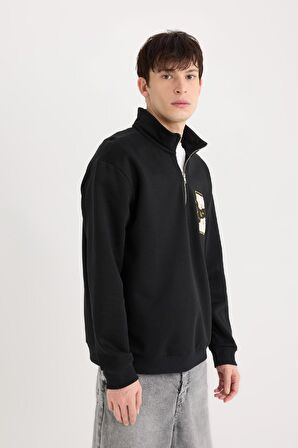 DeFacto Regular Fit Dik Yaka Fermuarlı Baskılı Sweatshirt A4469AX24AUBK81