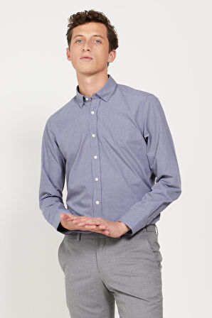 Erkek Mavi Slim Fit Dar Kesim Gizli Düğme Yaka Gömlek