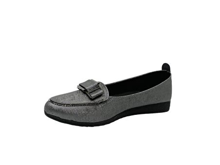 Zerhan 3360 Kadın Platin Tokalı Pırıltılı Babet Ayakkabı