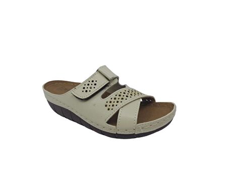 Zerhan 2354 Kadın Krem Cırtlı Günlük Kullanım Dolgu Topuk Terlik