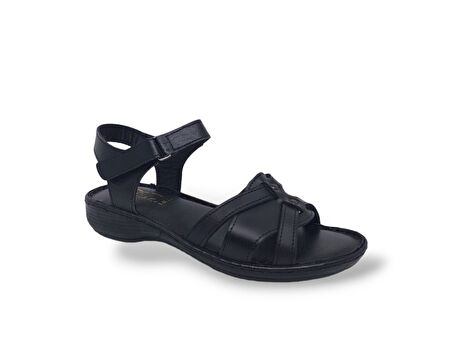 Zerhan 413 Kadın Siyah Hakiki Deri Cırtlı Sandalet Ayakkabı