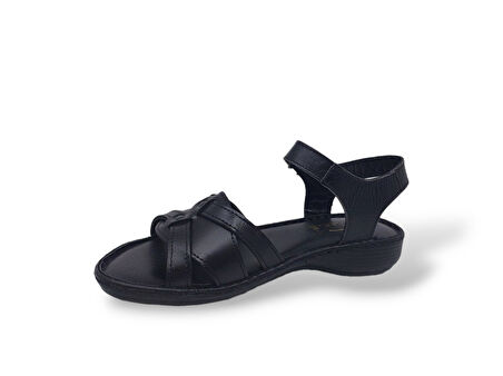 Zerhan 413 Kadın Siyah Hakiki Deri Cırtlı Sandalet Ayakkabı