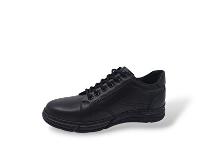 Zerhan 164 Erkek Siyah Bağcıklı Fermuarlı Hakiki Deri Kauçuk Taban Ayakkabı