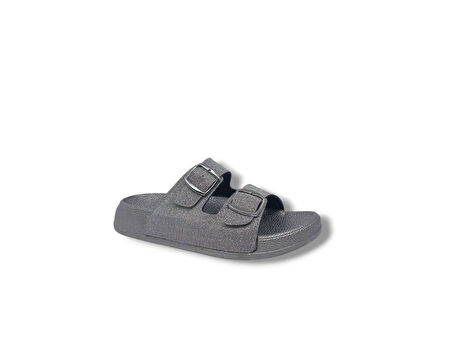 Pienn 2025 Kadın Gri Pırıltılı Tokalı Günlük Kullanım Terlik