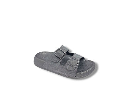 Pienn 2025 Kadın Gri Pırıltılı Tokalı Günlük Kullanım Terlik