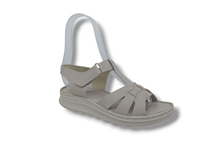 Zerhan 1150 Kadın Krem Cırtlı Yumuşak Taban Comfort Sandalet Ayakkabı