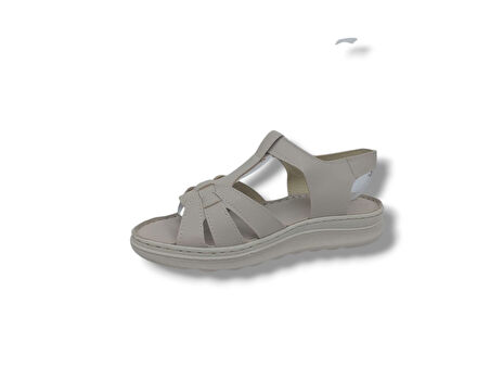 Zerhan 1150 Kadın Krem Cırtlı Yumuşak Taban Comfort Sandalet Ayakkabı