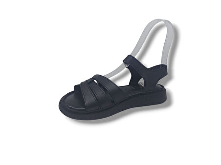 Zerhan 201 Kadın Siyah Cırtlı Hakiki Deri Yumuşak Taban Comfort Sandalet Ayakkabı