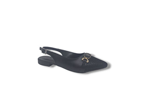 Zerhan 250 Kadın Siyah Tokalı Baskı Desenli Arkası Açık Babet Ayakkabı