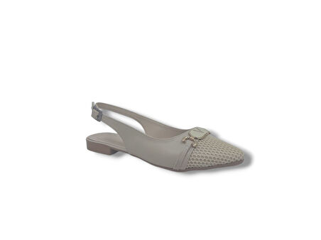 Zerhan 250 Kadın Krem Tokalı Baskı Desenli Arkası Açık Babet Ayakkabı