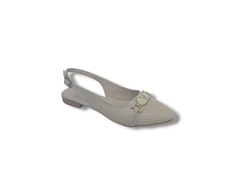 Zerhan 250 Kadın Krem Tokalı Baskı Desenli Arkası Açık Babet Ayakkabı