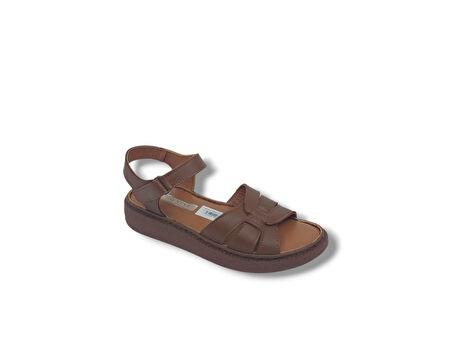 Zerhan 201 Kadın Taba Cırtlı Hakiki Deri Yumuşak Taban Comfort Sandalet Ayakkabı