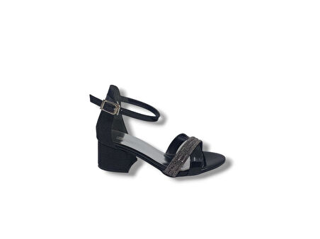 Zerhan 170 Kız Çocuk Siyah Taşlı Bantlı Topuklu Ayakkabı