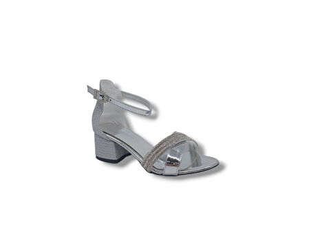 Zerhan 170 Kız Çocuk Gri Taşlı Bantlı Topuklu Ayakkabı