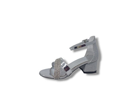 Zerhan 170 Kız Çocuk Gri Taşlı Bantlı Topuklu Ayakkabı