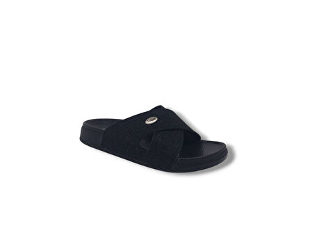 Elegance 25 Kadın Siyah Pırıltılı Çapraz Bantlı Günlük Kullanım Terlik