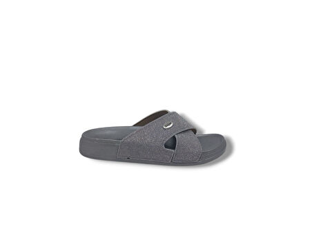 Elegance 25 Kadın Gri Pırıltılı Çapraz Bantlı Günlük Kullanım Terlik