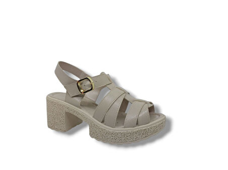 İzlife 178 Kadın Bej Platform Kalın Topuk Sandalet Ayakkabı