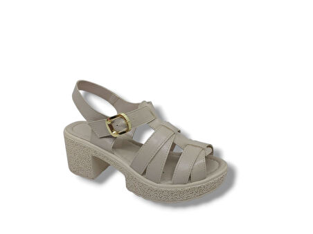 İzlife 178 Kadın Bej Platform Kalın Topuk Sandalet Ayakkabı