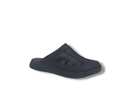 Zerhan 310 Erkek Siyah Hakiki Deri Burnu Kapalı Comfort Yastık Taban Terlik