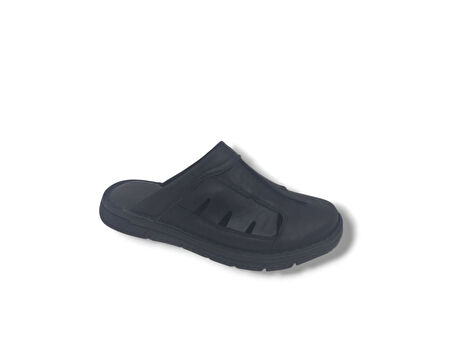 Zerhan 310 Erkek Siyah Hakiki Deri Burnu Kapalı Comfort Yastık Taban Terlik