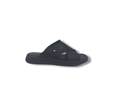 Zerhan 566 Erkek Siyah Hakiki Deri Comfort Yastık Taban Terlik