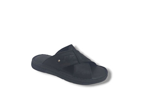 Zerhan 566 Erkek Siyah Hakiki Deri Comfort Yastık Taban Terlik