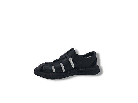 Zerhan 580 Erkek Siyah Hakiki Deri Cırt Cırtlı Sandalet Ayakkabı