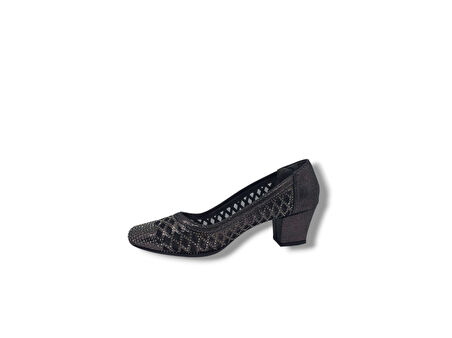 İzlife 362 Kadın Platin Dantel Pırıltılı Küt Burun Alçak Topuk Abiye Ayakkabı