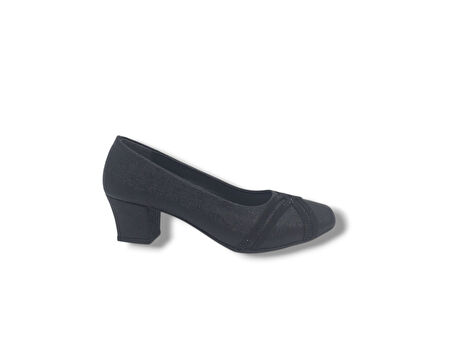 Zerhan 1002 Kadın Siyah Pırıltılı Taşlı Alçak Topuklu Ayakkabı