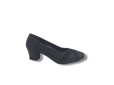 Zerhan 1002 Kadın Siyah Pırıltılı Taşlı Alçak Topuklu Ayakkabı