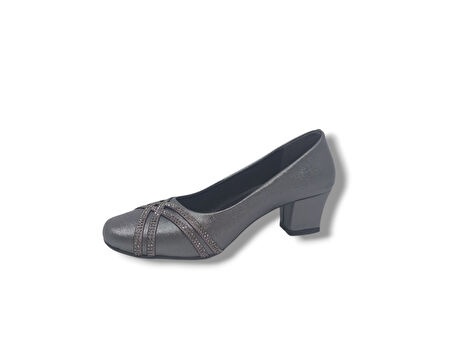 Zerhan 1002 Kadın Platin Pırıltılı Taşlı Alçak Topuklu Ayakkabı