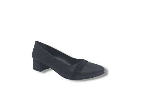 Zerhan 730 Kadın Siyah Pırıltılı Taşlı Alçak Topuklu Ayakkabı