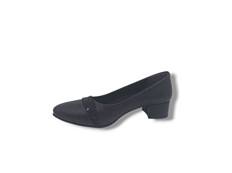 Zerhan 730 Kadın Siyah Pırıltılı Taşlı Alçak Topuklu Ayakkabı