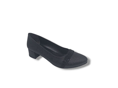 Zerhan 730 Kadın Siyah Pırıltılı Taşlı Alçak Topuklu Ayakkabı