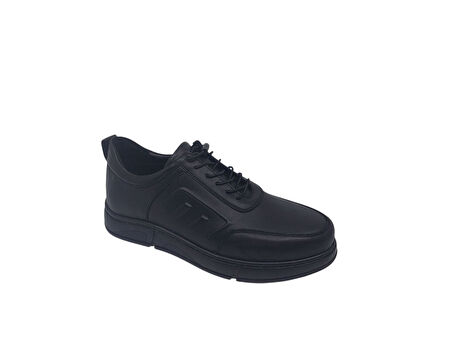 Zerhan 275 Erkek Siyah Hakiki Deri Lastik Bağcıklı Kauçuk Taban Casual Ayakkabı