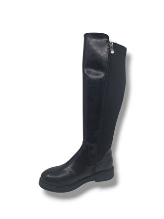 İzlife 6004 Kadın Siyah Streç Uzun Fermuarlı Alçak Topuklu Çizme