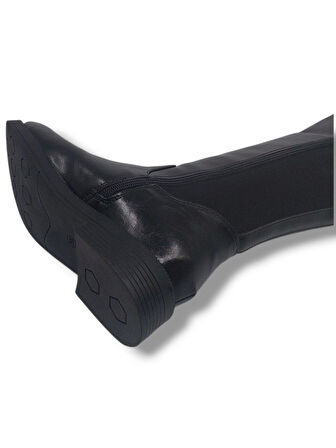 İzlife 6004 Kadın Siyah Streç Uzun Fermuarlı Alçak Topuklu Çizme