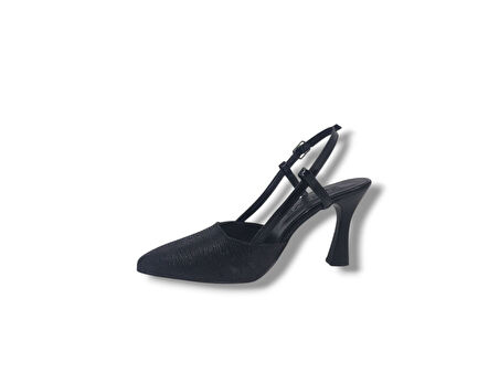 Zerhan 4001 Kadın Siyah Burnu Kapalı Arkası Açık Pırıltılı Stiletto Ayakkabı