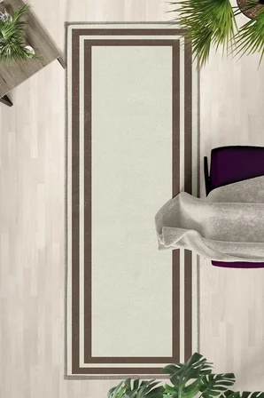 Çerçeve Krem Kahve Yıkanabilir Yolluk Halı Kaymaz Taban Salon Mutfak Krem Kahve