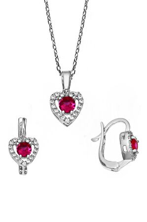 Kalp Motifli Ruby Zirkon Taşlı 925 Ayar Gümüş Set - S016802