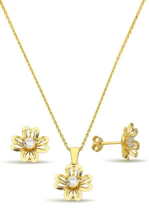 18k Altın Kaplamalı 925 Ayar Gümüş Çiçek Set - 67017902