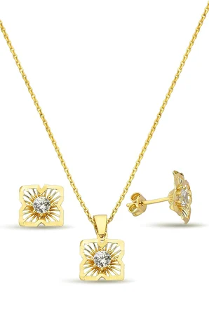 18k Altın Kaplamalı Zirkon Taşlı 925 Ayar Gümüş Set - 67018003