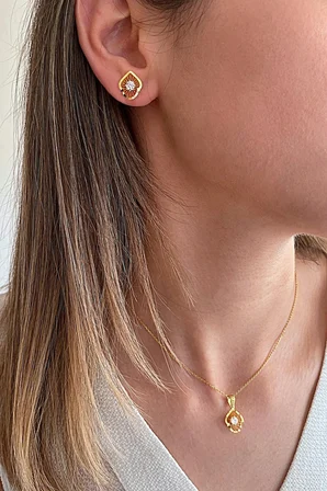18k Altın Kaplamalı Zirkon Taşlı 925 Ayar Gümüş Set - 67018102