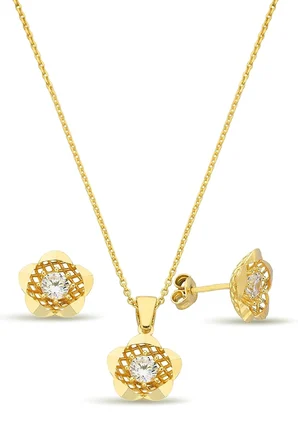 18k Altın Kaplamalı 925 Ayar Gümüş Çiçek Set - 67018602